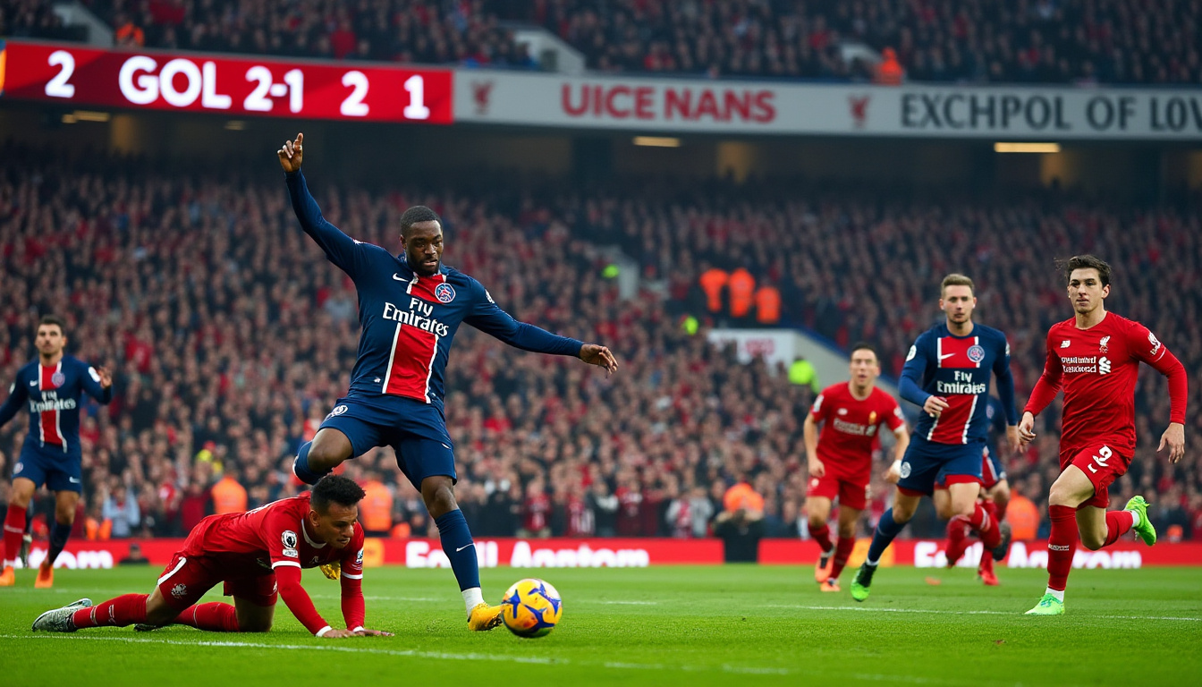 suivez en direct le choc entre liverpool et le psg ! ousmane dembélé marque avec brio, tandis que les reds luttent pour revenir au score. ne manquez pas une minute de cette rencontre palpitante !