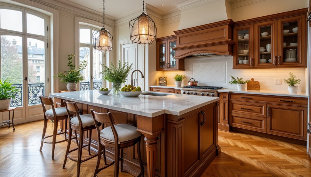 découvrez un magnifique appartement haussmannien au cœur de la ville, featuring une spacieuse cuisine ouverte, parfaite pour rassembler toute la famille dans un cadre chaleureux et convivial.