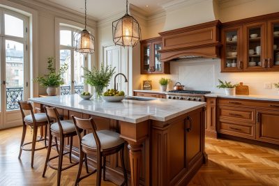 découvrez un magnifique appartement haussmannien au cœur de la ville, featuring une spacieuse cuisine ouverte, parfaite pour rassembler toute la famille dans un cadre chaleureux et convivial.