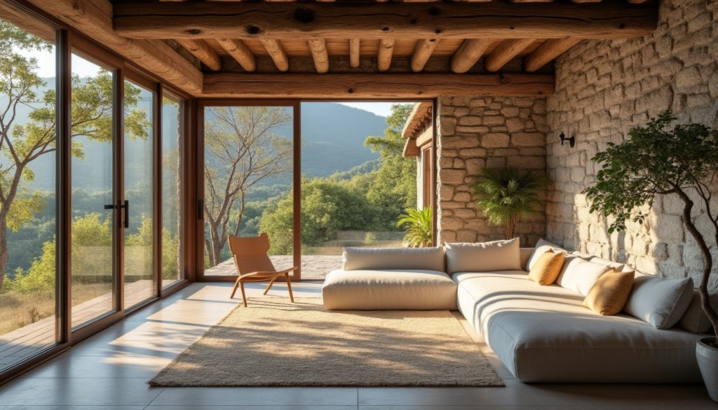 découvrez une maison au charme authentique, alliant une esthétique brute et naturelle, où la lumière naturelle pénètre à flots pour créer une ambiance chaleureuse et accueillante.