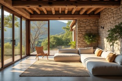 découvrez une maison au charme authentique, alliant une esthétique brute et naturelle, où la lumière naturelle pénètre à flots pour créer une ambiance chaleureuse et accueillante.