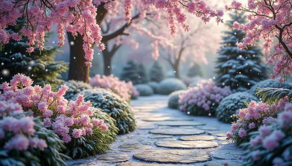 plongez dans un jardin d'hiver féérique, où les daphnés exhalent leurs parfums délicats et envoûtants pour une expérience sensorielle inoubliable.