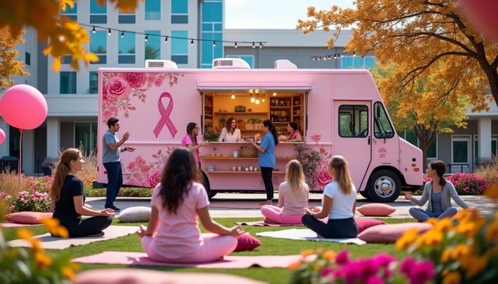 à l'occasion d'octobre rose, un camion bien-être s'installe à l'hôpital pour offrir aux patientes et au personnel un espace de détente, d'écoute et de convivialité, favorisant ainsi le bien-être durant la campagne de sensibilisation au cancer du sein.