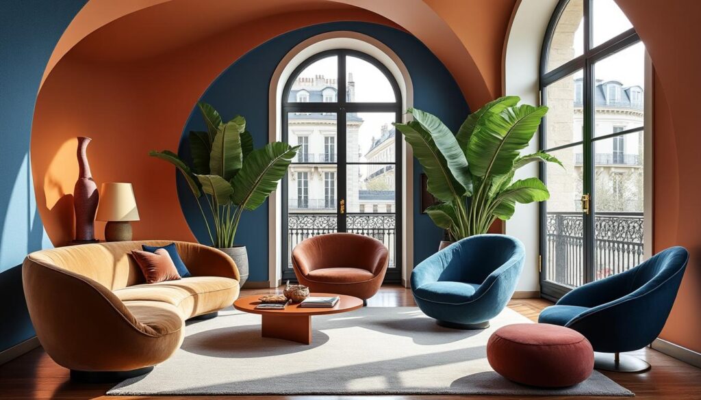 découvrez l'élégance audacieuse d'un appartement parisien où l'art des courbes et des couleurs crée une atmosphère unique alliant modernité et charme classique.