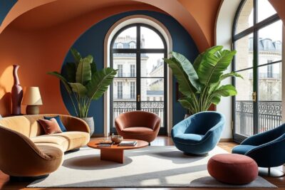 découvrez l'élégance audacieuse d'un appartement parisien où l'art des courbes et des couleurs crée une atmosphère unique alliant modernité et charme classique.