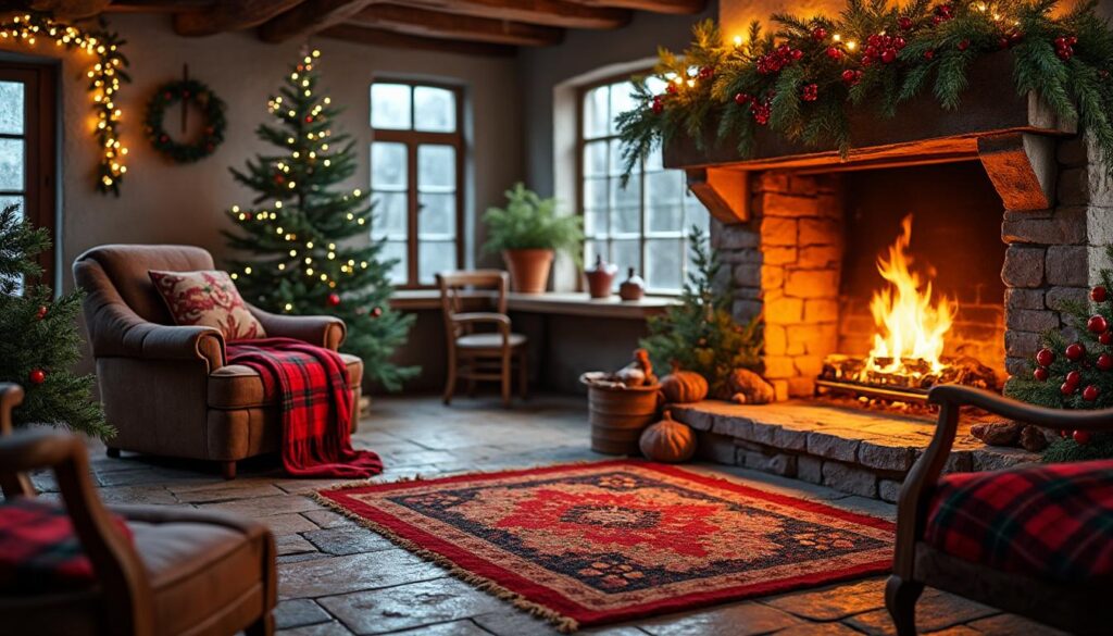 découvrez la magie de noël dans une maison de campagne avec une cheminée crépitante, un tartan chaleureux et des branches de houx, pour une ambiance festive et accueillante.