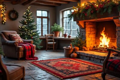 découvrez la magie de noël dans une maison de campagne avec une cheminée crépitante, un tartan chaleureux et des branches de houx, pour une ambiance festive et accueillante.