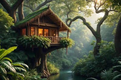 plongez dans l'univers enchanteur d'une maison-cabane unique au cœur de la forêt brésilienne, où nature et confort se rencontrent pour une expérience inoubliable.