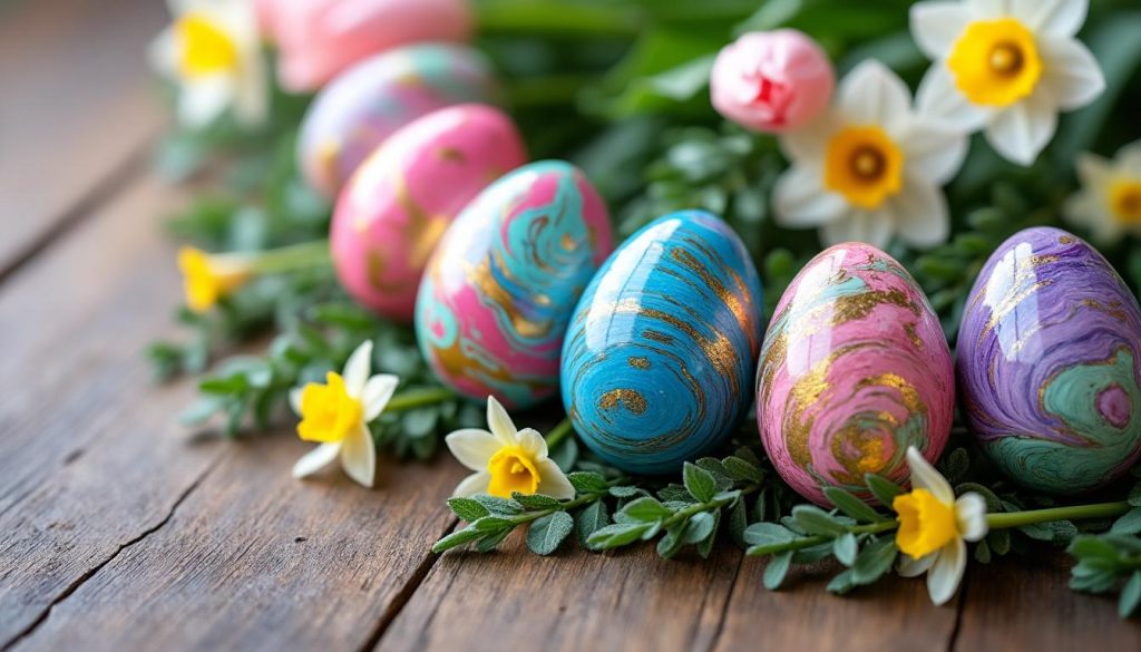 découvrez l'art coloré des œufs de pâques marbrés pour une décoration originale et festive. apprenez des techniques créatives pour embellir votre célébration avec des motifs uniques et éclatants.