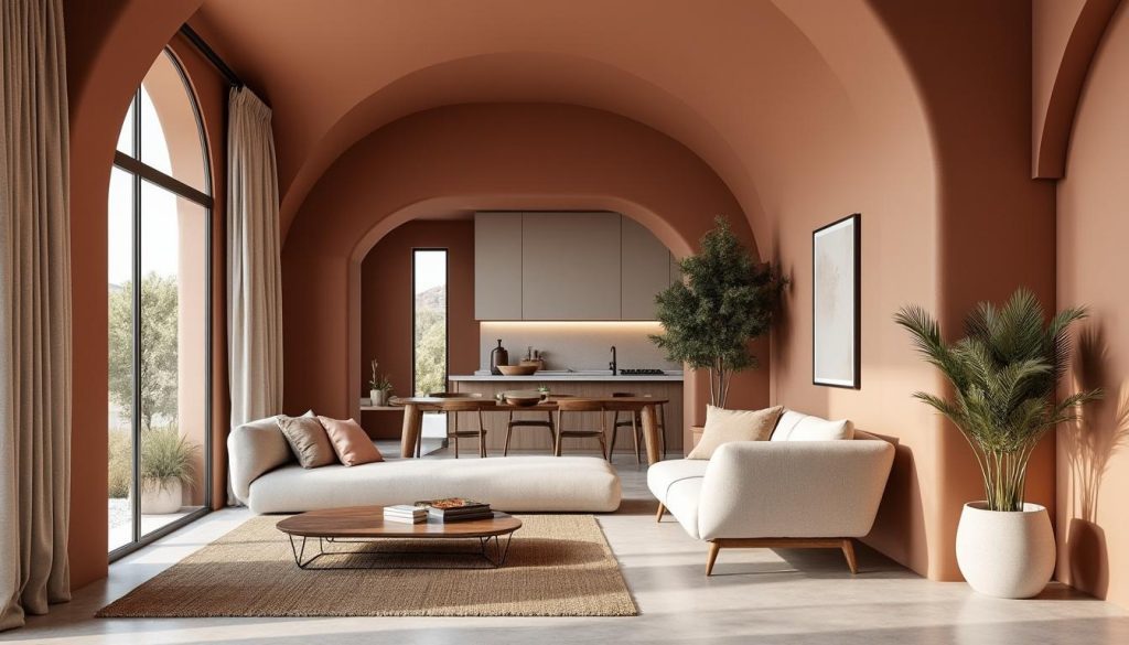 découvrez un deux-pièces de 38m² magnifiquement aménagé avec des arches chaleureuses et un couloir terracotta qui apportent charme et convivialité à cet espace.