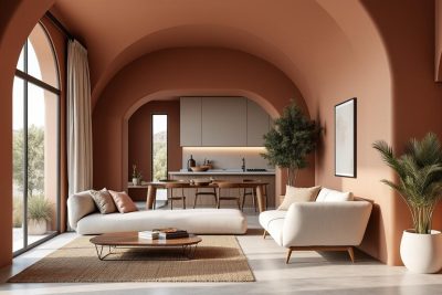 découvrez un deux-pièces de 38m² magnifiquement aménagé avec des arches chaleureuses et un couloir terracotta qui apportent charme et convivialité à cet espace.